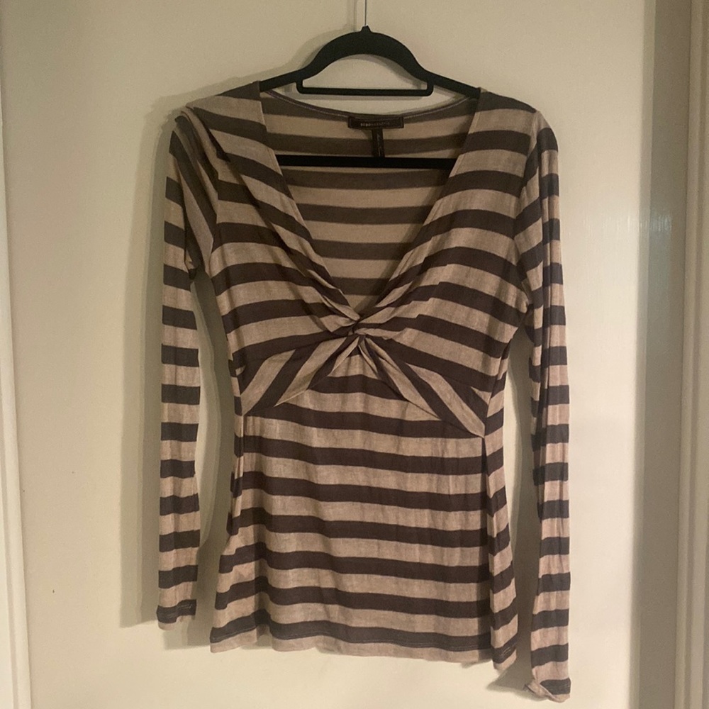 Top, Sweater, BCBG, Taupe/Tan stripes, Medium